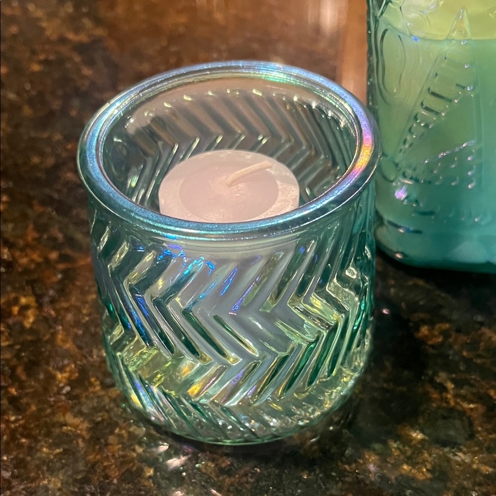 Aqua iridescent Glass Candle Holder Set - Picture 5 of 11